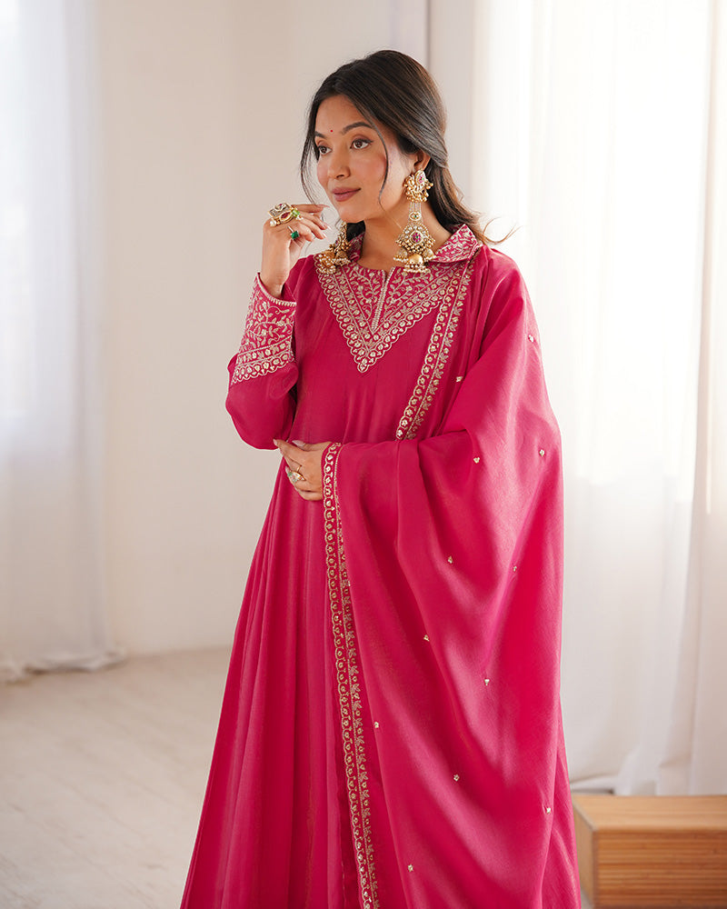 Rani Pink Color Pure Shimmer Silk Anarkali Suit