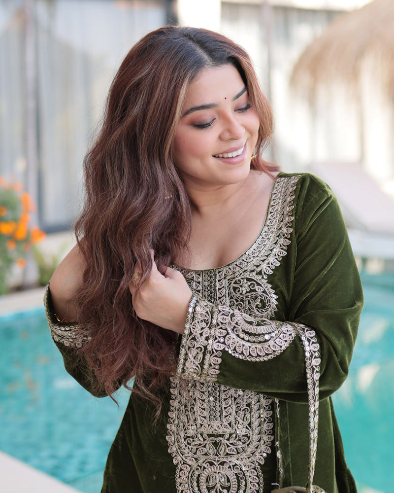 Mehndi Color Velvet Embroidered Kurti Suit