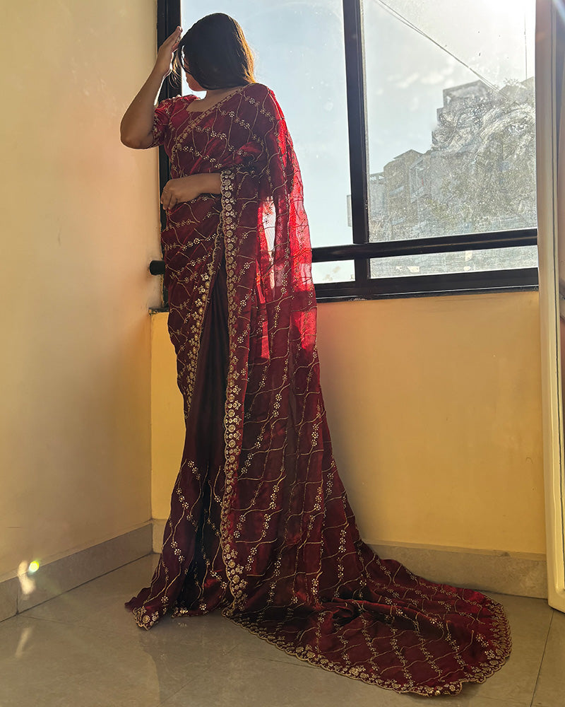 Maroon Color Space Silk Embroidered Saree
