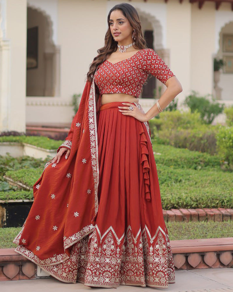 Rust Orange Color Vichitra Silk Embroidered Lehenga Choli