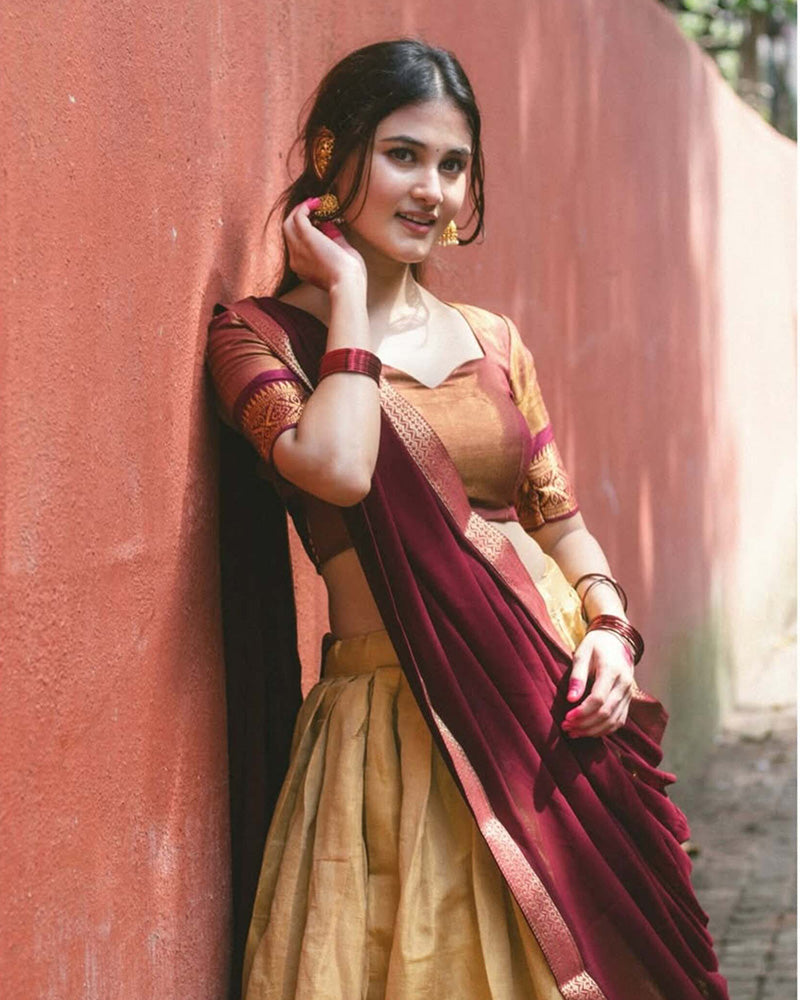 Aayushi Verma In Cream Color Kanchipuram Silk Designer Half Saree