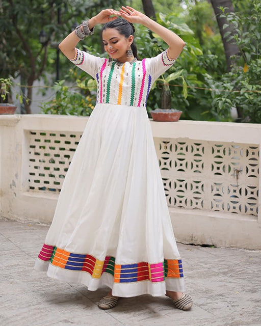 White  Color Roman Silk Multi Threaded Work Navratri Gown