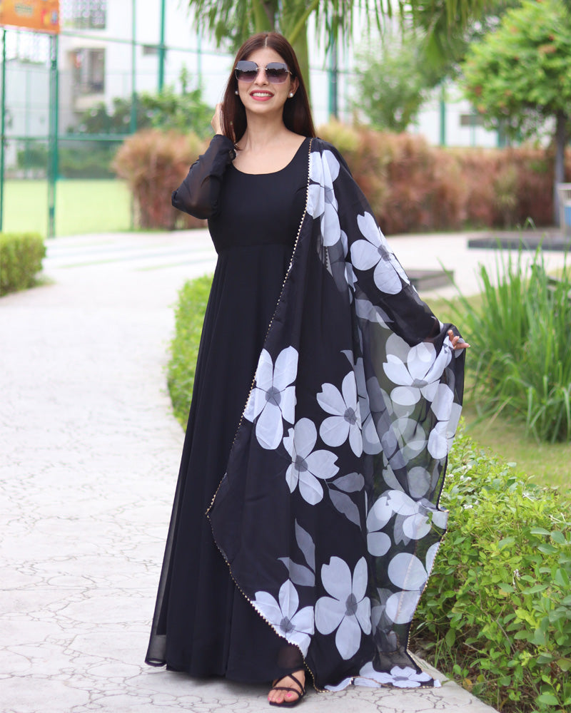Black Color Soft Georgette Anarkali Gown With Floral Printed Dupatta