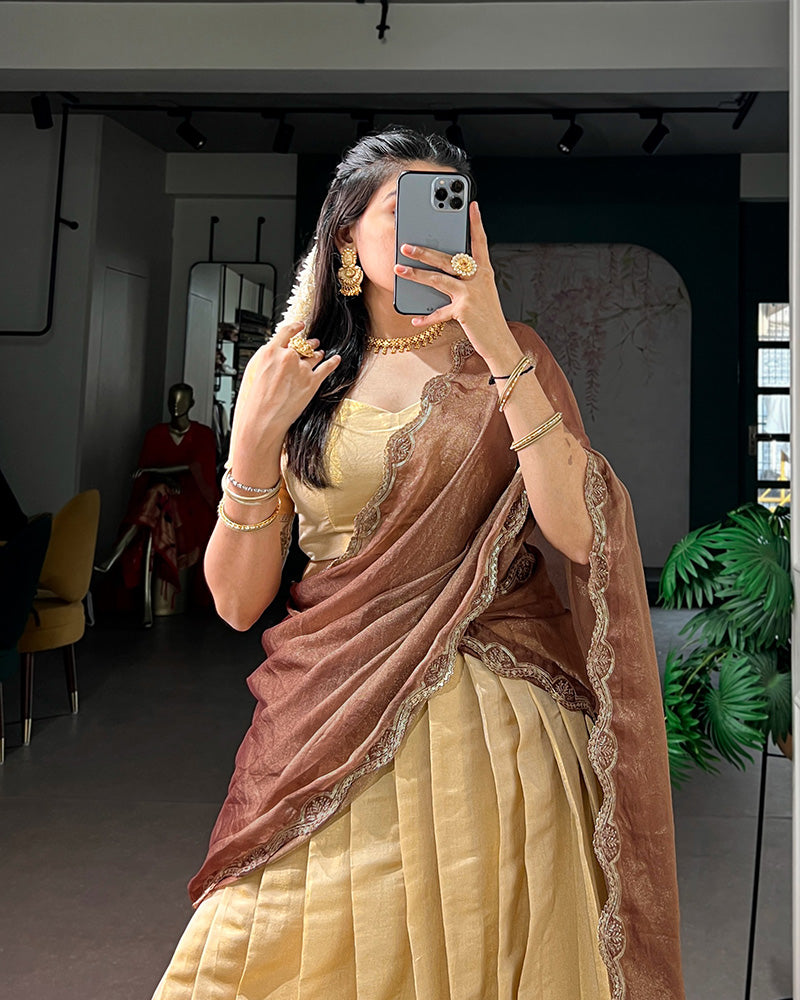 South Indian Style Cream Color Kanchipuram Half Saree