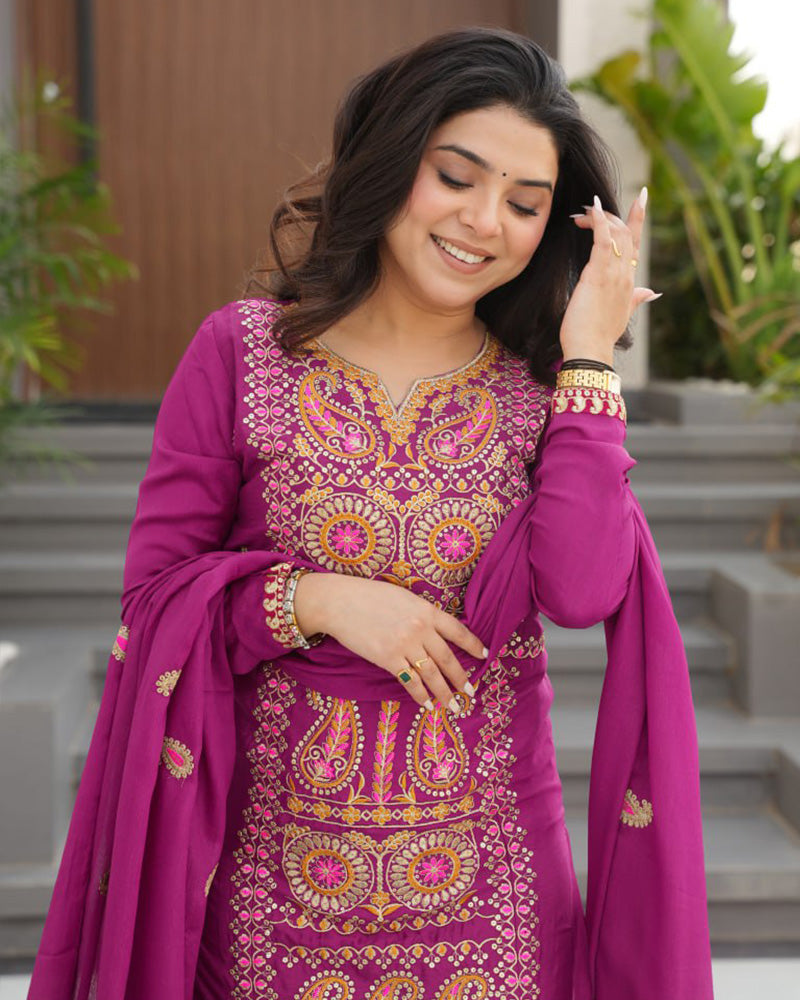 Magenta Color Chinon Embroidered Kurti Suit