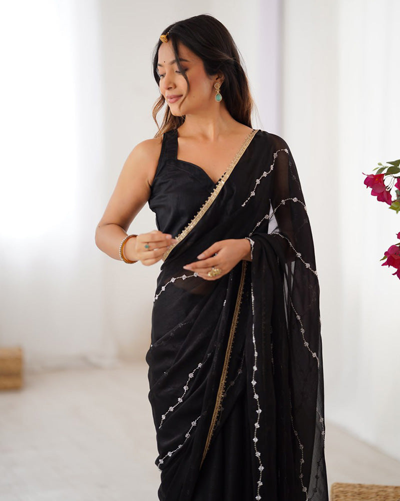 Black Color Smooth Sitara Embroidered Saree
