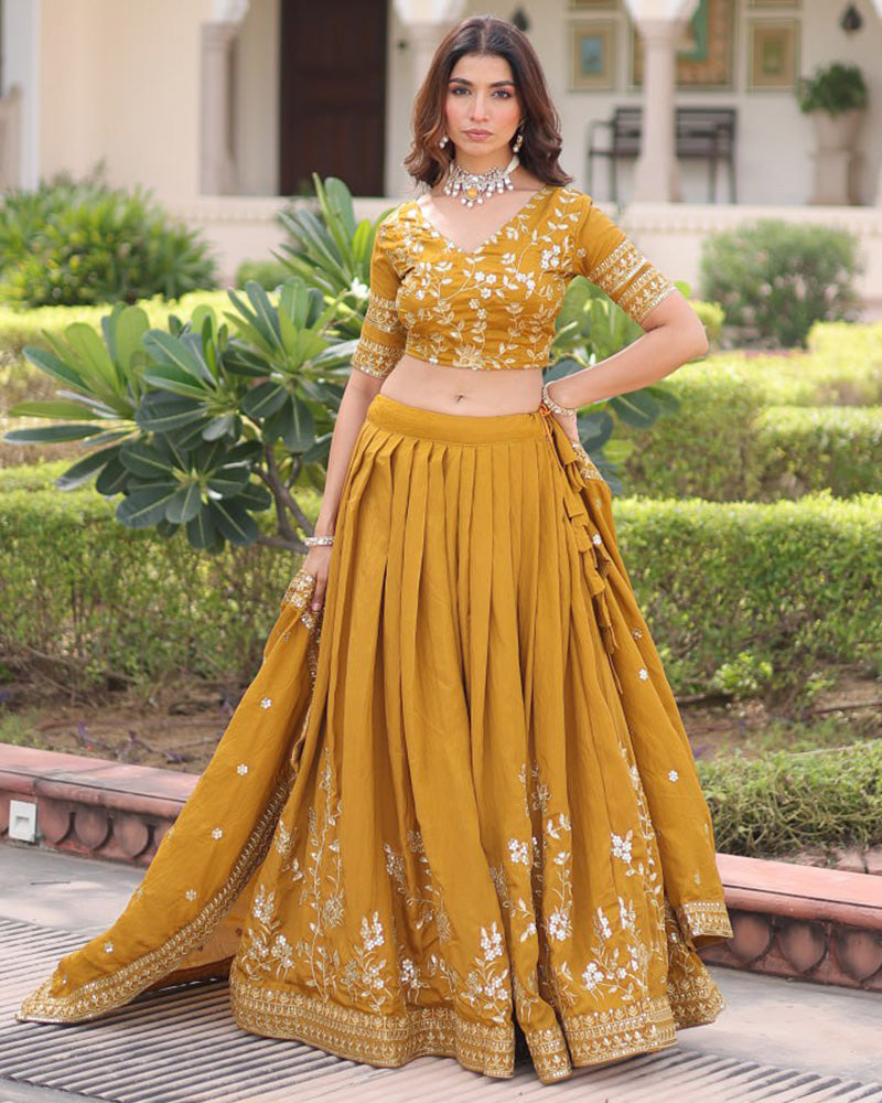 Mustard Gold Color Vichitra Silk Embroidered Lehenga Choli