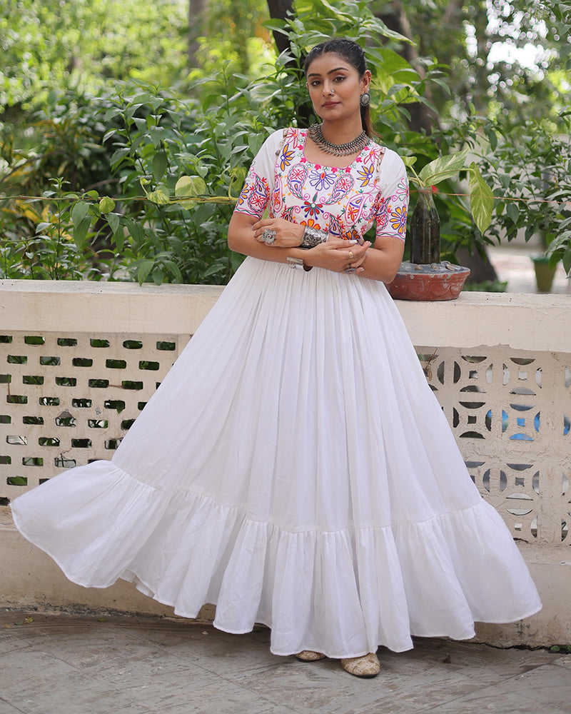 White Color Rayon Kutchi Gamthi Style Navratri Gown