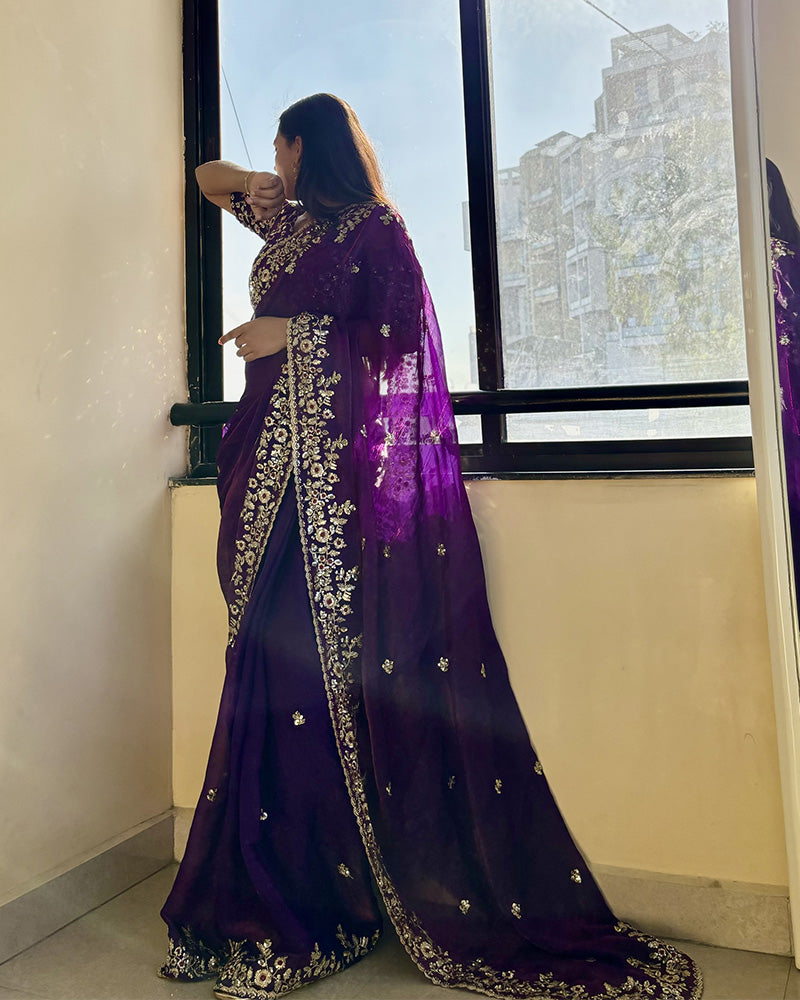 Purple Color Fendi Chiffon Sequence Embroidered Saree