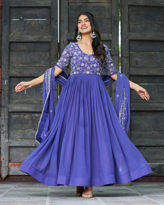 Elegant Purple Embroidered Blooming Style Designer Gown