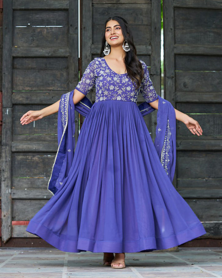 Elegant Purple Embroidered Blooming Style Designer Gown