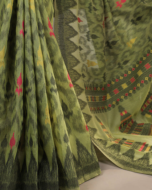 Green Color Thread Weaving Poly Cotton Saree