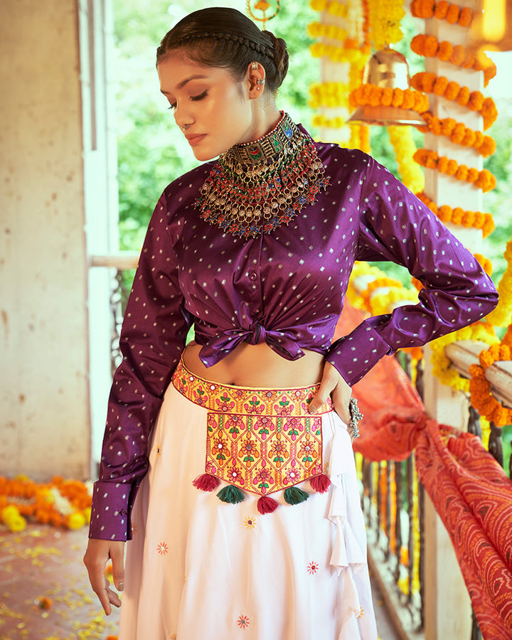 Purple And White Color Cotton Printed Fully Stitched Navratri Lehenga Choli