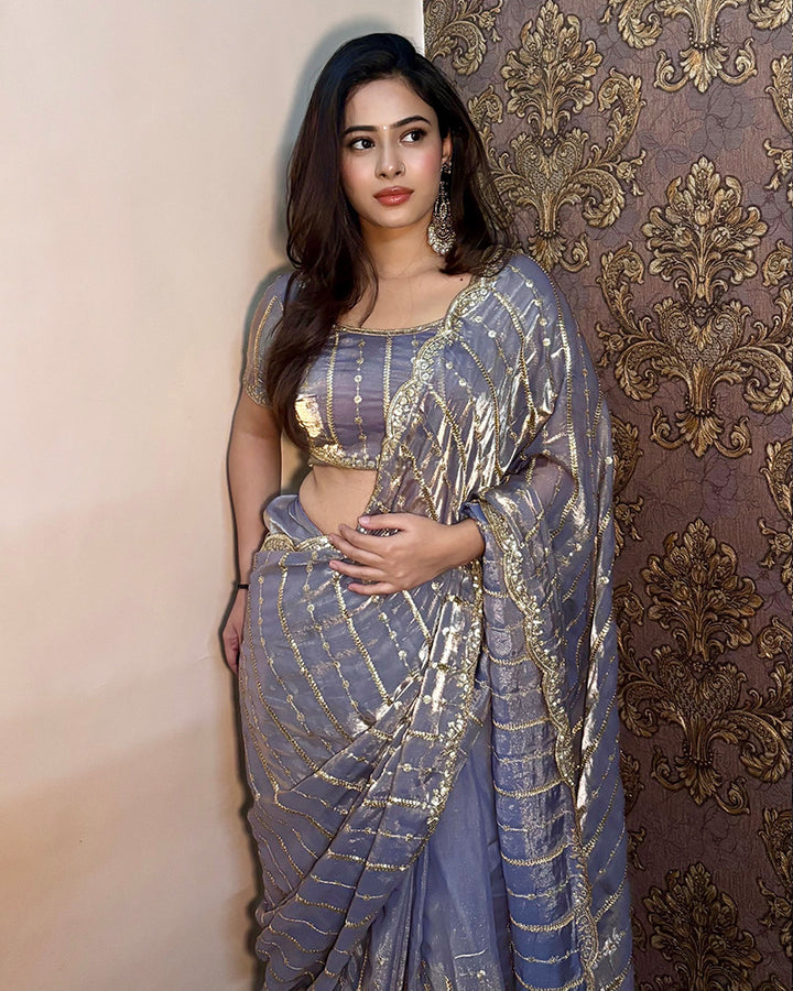 Dusty Blue Color Soft Space Silk Saree