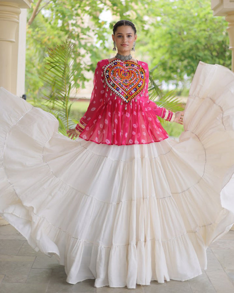Rani Pink Color Bandhani Printed With Kora Cotton Navratri Lehenga Set