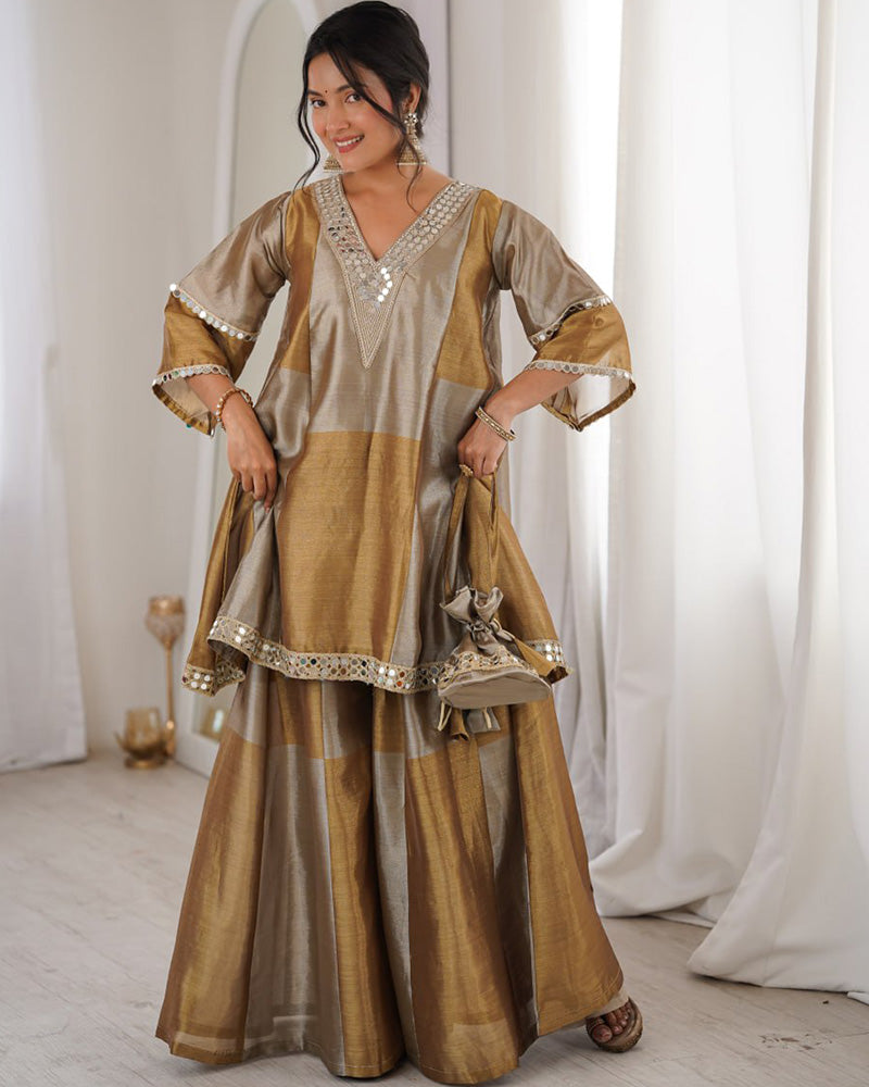Grey Color Two-Tone Tissue Silk Embroidered Plazzo Suit