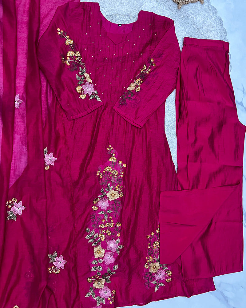 Rani Pink Color Roman Chanderi Silk Embroidered Plazzo Suit