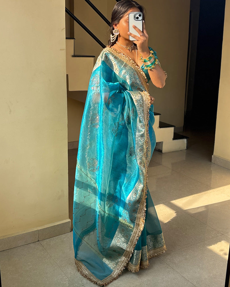 Sky Color Banarasi Tissue Silk Stone Work Saree