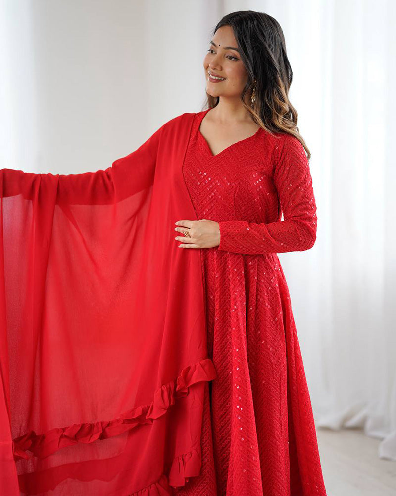 Designer Red Color Georgette Lucknowi Three Piece Anarkali Suit