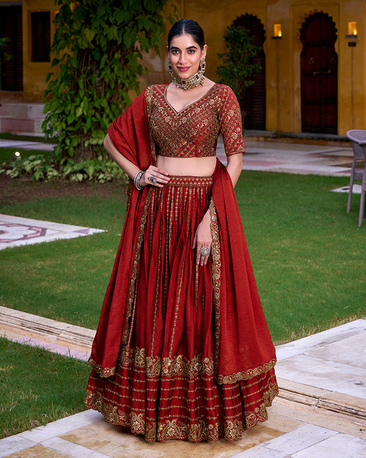 Rust Orange Color Rangoli Crush Embroidered Lehenga Choli