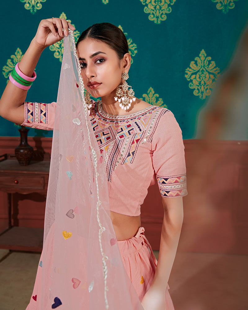 Peach Color Thread Embroidered Cotton Semi Stitched Lehenga Choli