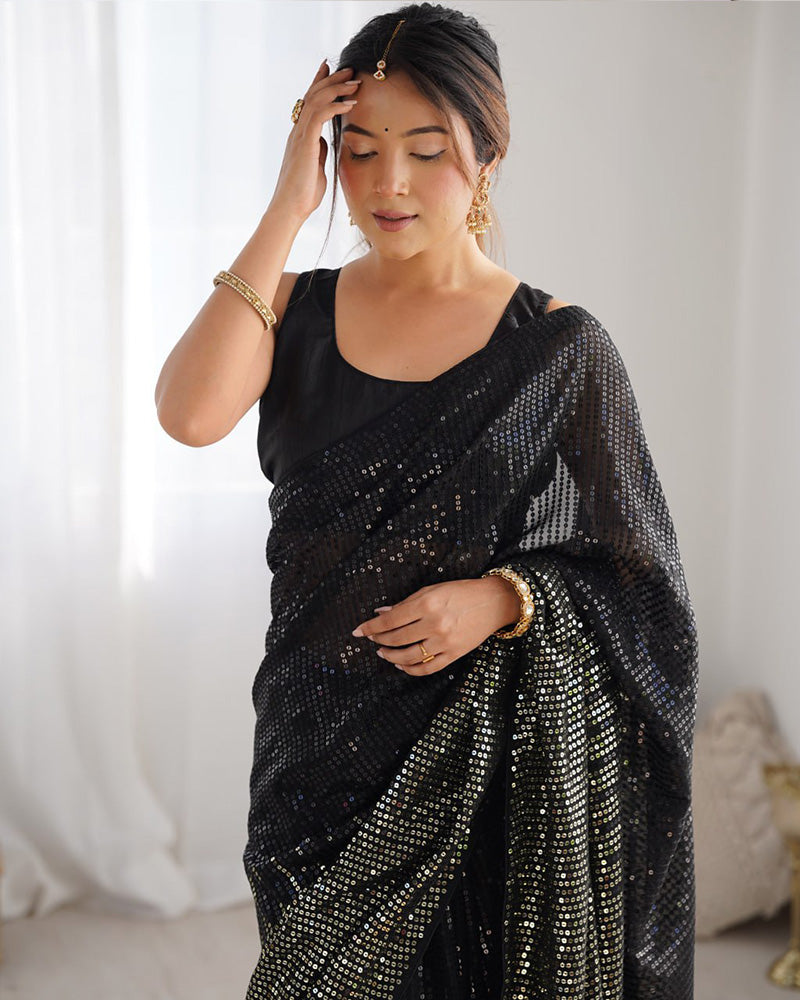 Black Color Heavy Georgette Embroidered Saree