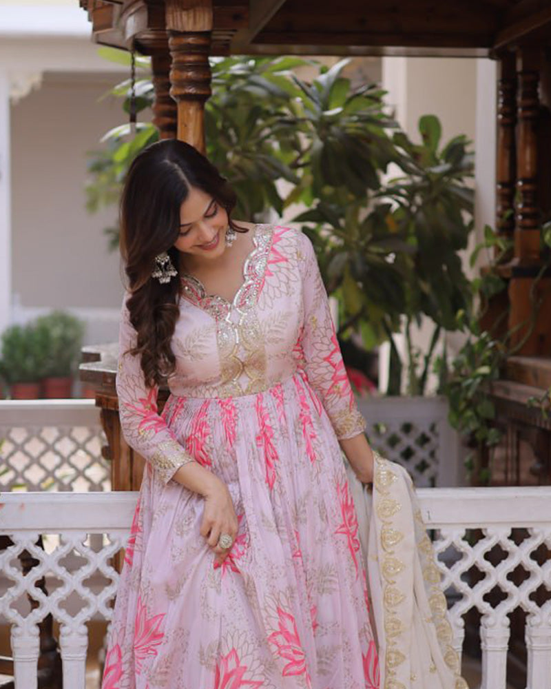 Baby Pink Color Russian Silk Embroidered Gown