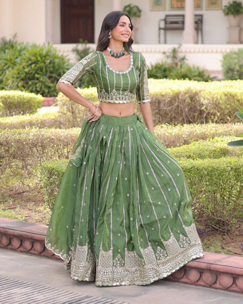 Mehndi Green Color Gold Crush Embroidered Lehenga Choli