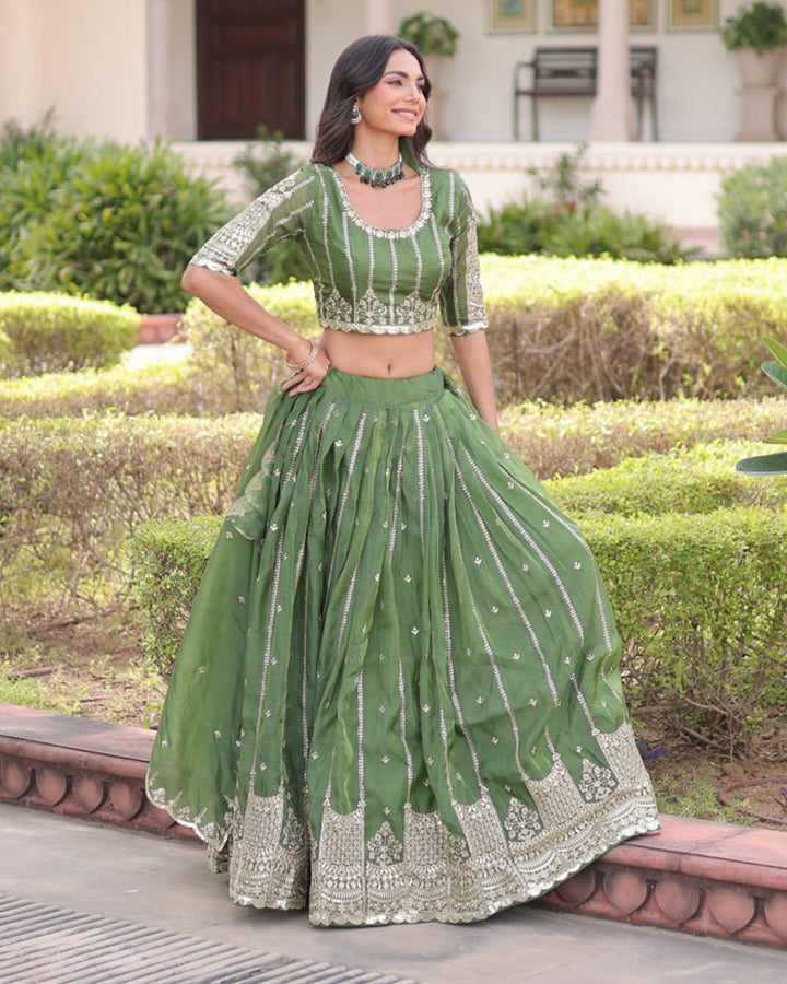 Mehndi Green Color Gold Crush Embroidered Lehenga Choli
