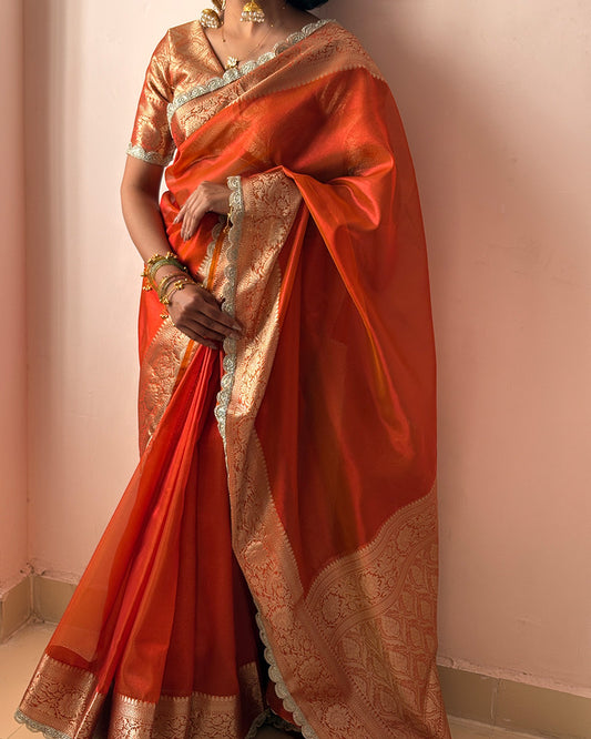 Orange Color Banarasi Tissue Saree