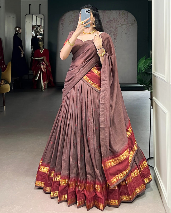 Elegant Brown Pure Chanderi Half Saree With Zari Weaving