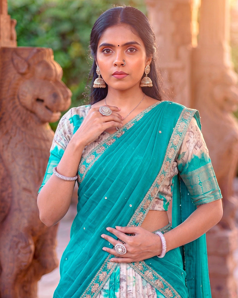 Teal Green Color Dola Chex Floral Printed Half Saree