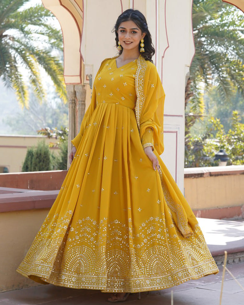 Yellow Color Full Flair Anarkali Gown With Embroidered Dupatta