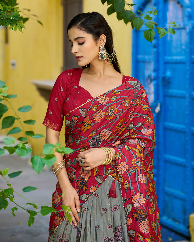 Grey Color Tussar Silk Kalamkari Printed Lehenga Choli