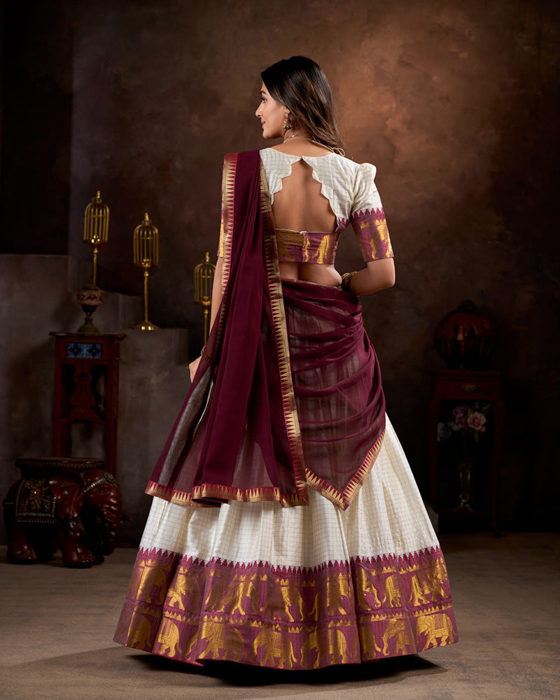 White And Maroon Color Poly Cotton Chex Onam Half Saree