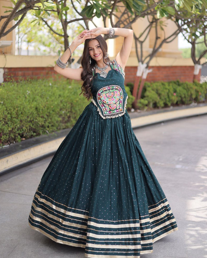 Six Color Rayon Mukesh-work With Patti Lace Navratri Lehenga Set