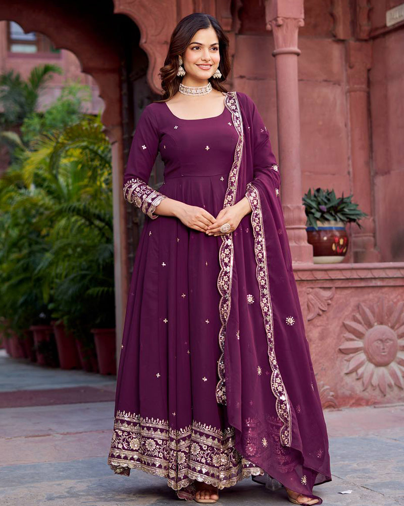 Ethnic Wine Color Georgette Sequence Embroidered Gown