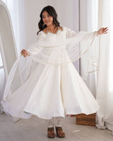 White Color Chanderi Roman Silk Three Piece Anarkali Suit