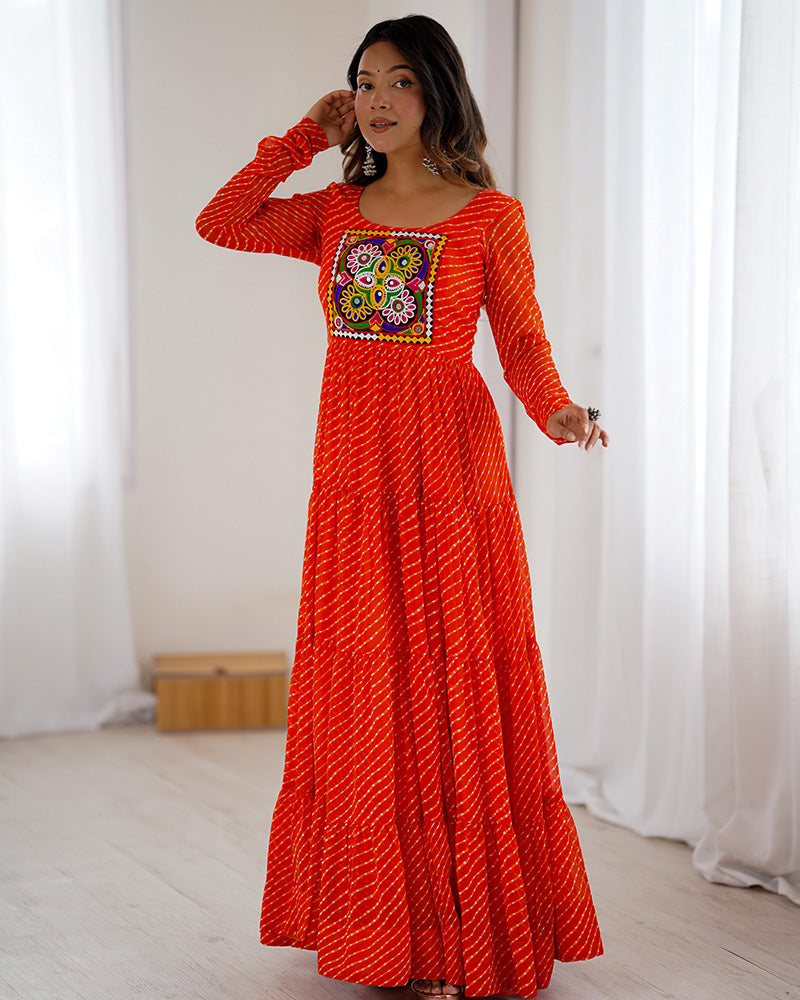 Orange Color Georgette Laheriya Print Navratri Gown