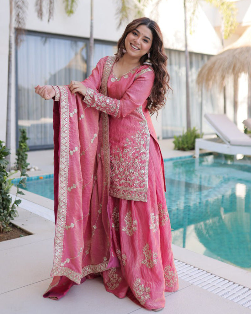 Peach Color Fendi Crush Embroidered Plazzo Suit