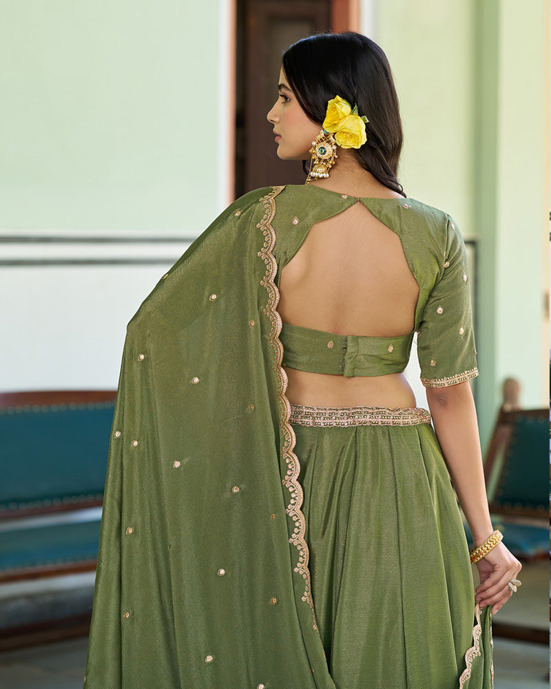 Designer Pista Color Chinon Embroidered Lehenga Choli