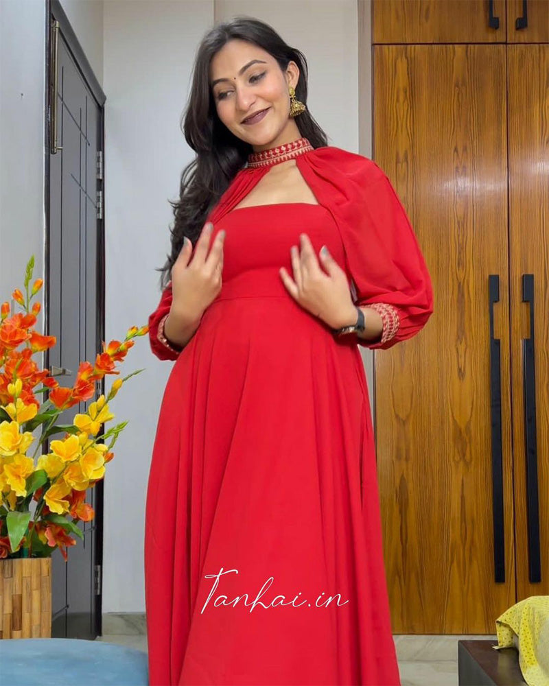 Deepa In Our Red Color Detachable Sleeve Anarkali Gown