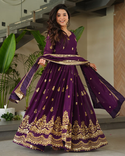 Purple Color Designer Blooming Embroidered Gown