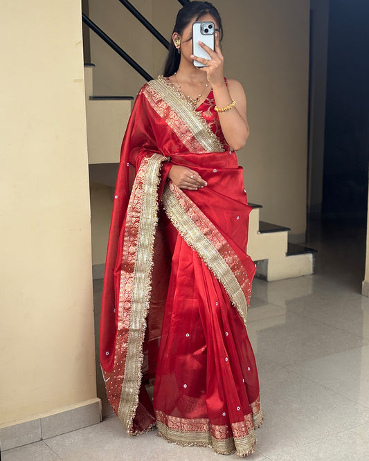 Red Color Soft Banarasi Silk Pearl Work Saree