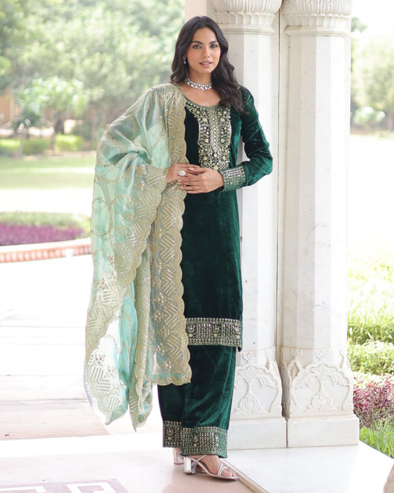 Green Color Velvet Three Piece Kurti Suit