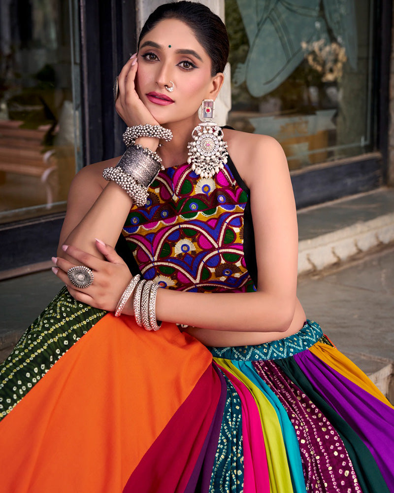 Multi Color Pure Rayon Navratri Lehenga With Black Choli