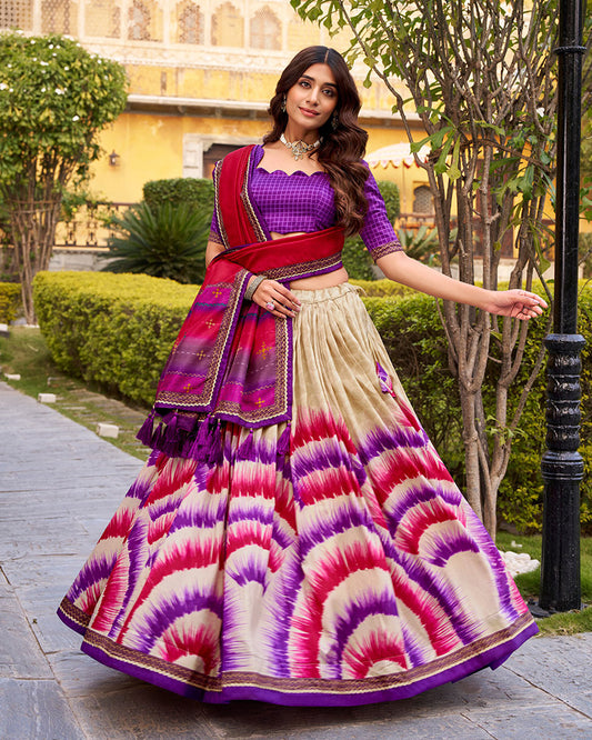 Purple Color Tasar Silk Dye Printed Lehenga Choli