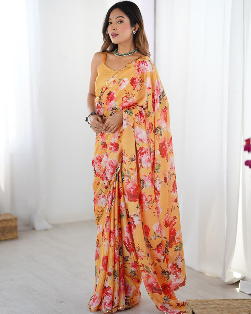 Yellow Color Chinnon Silk Mirror Work Saree