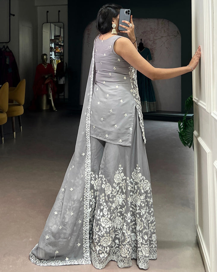 Grey Color Star Georgette Embroidered Sharara Suit