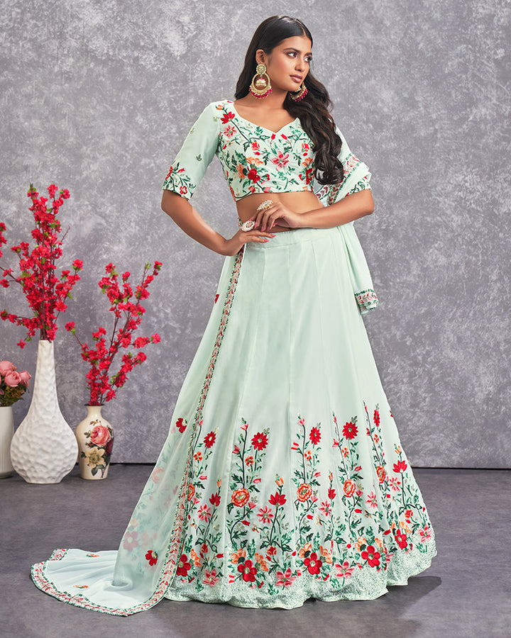 Sea Green Color Embroidered Georgette Semi Stitched Lehenga Choli